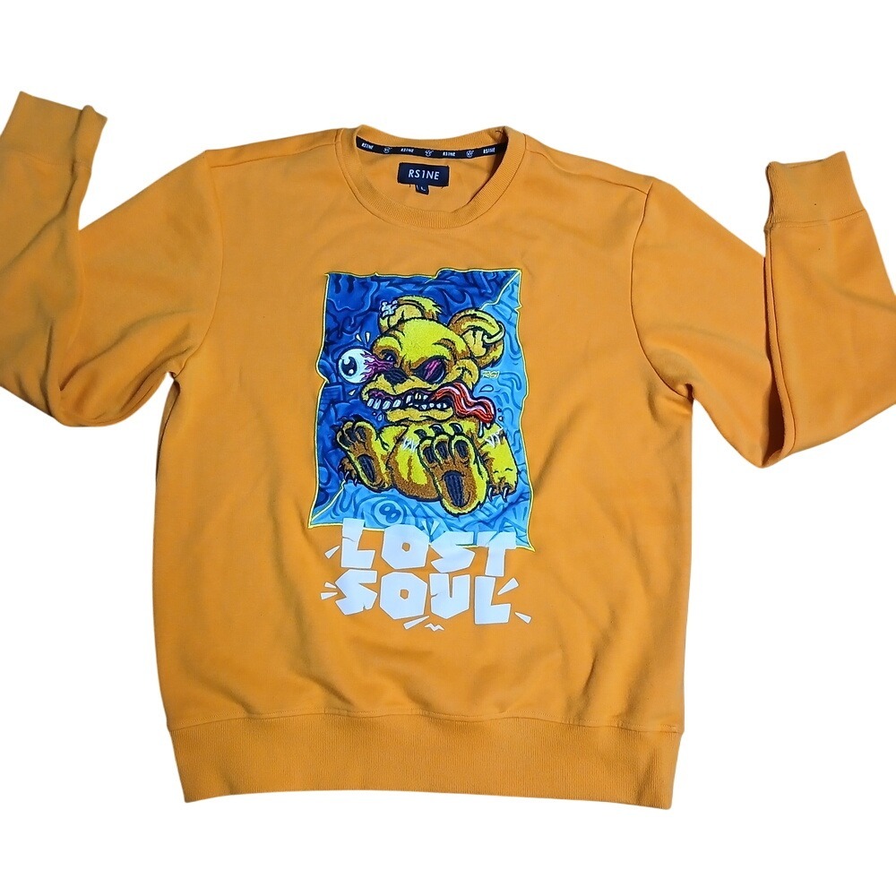 RS1NE Sweatshirt Mens Large Orange Lost Soul Monster Bear Graphic Crewneck